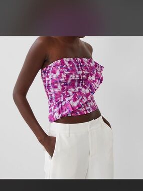 French Connection Pink Multi Strapless Ruffled Crop Top